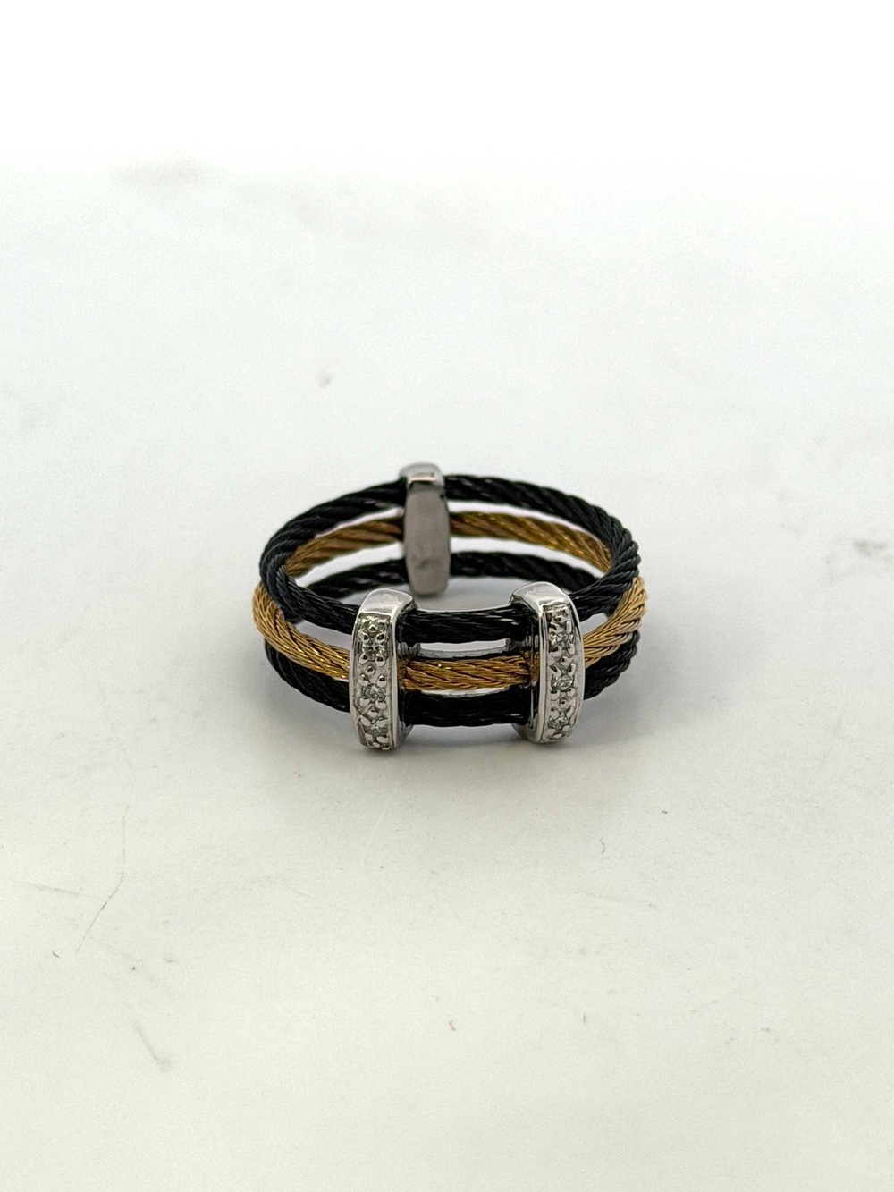ALOR “Noir” Black & Yellow Stainless Steel Cable Ring size 6